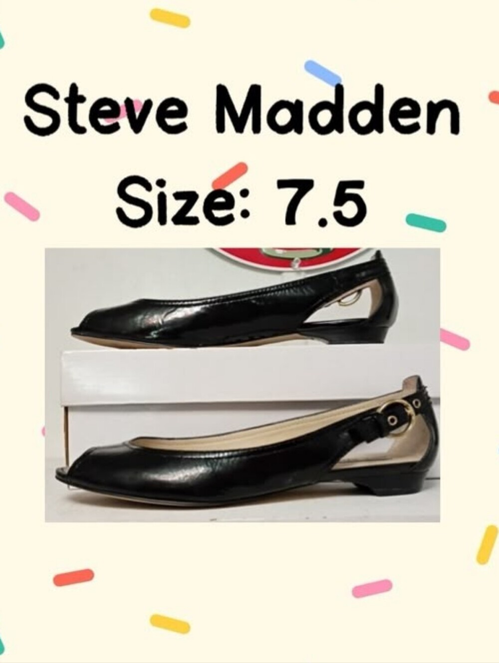 Steve Madden Black Patent Slingback Flats with Gold Buckle Accent